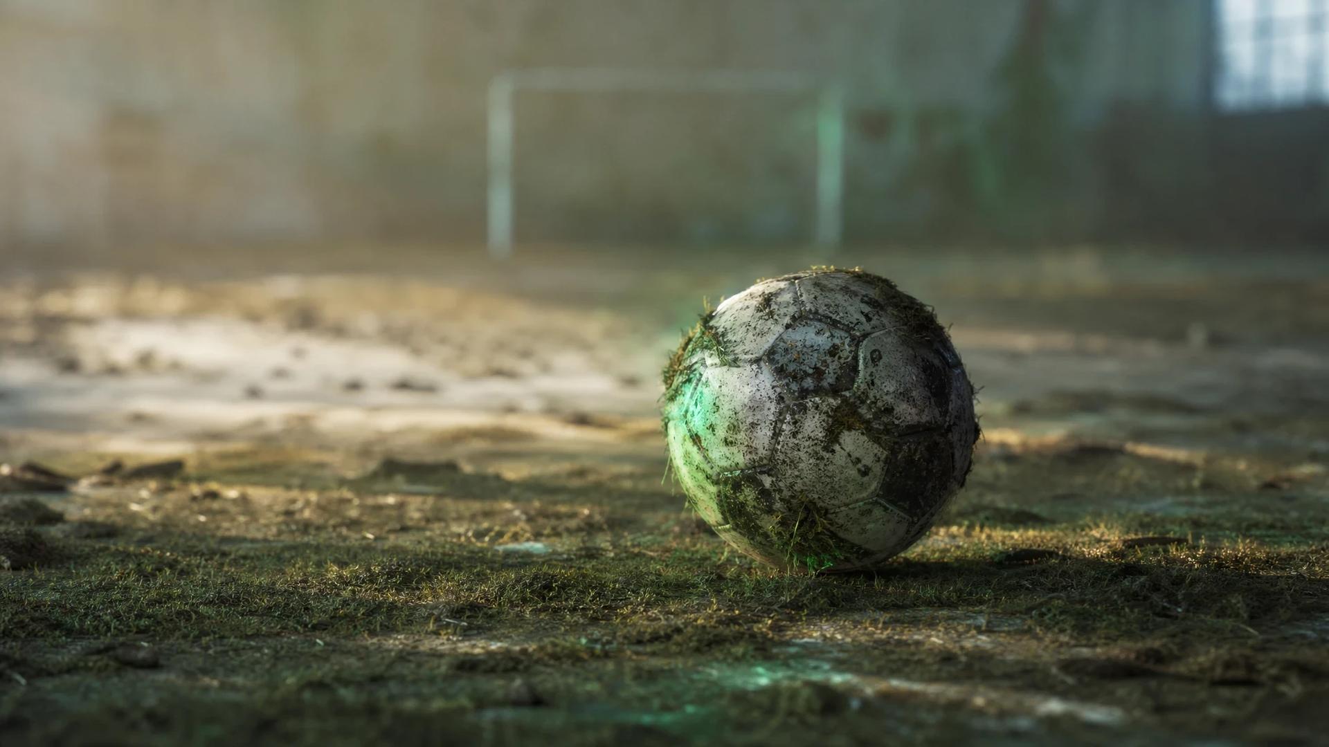 A close-up of a discarded football on a worn pitch, illuminated by soft light.