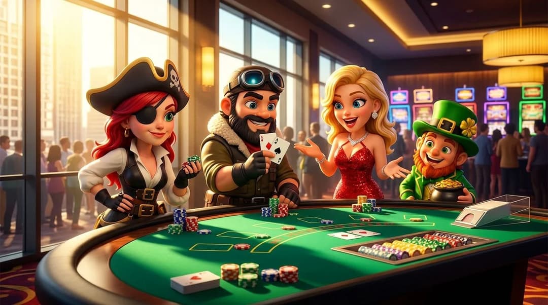 Two NordicSpins mascots engaged around a modern blackjack table in a lively casino.