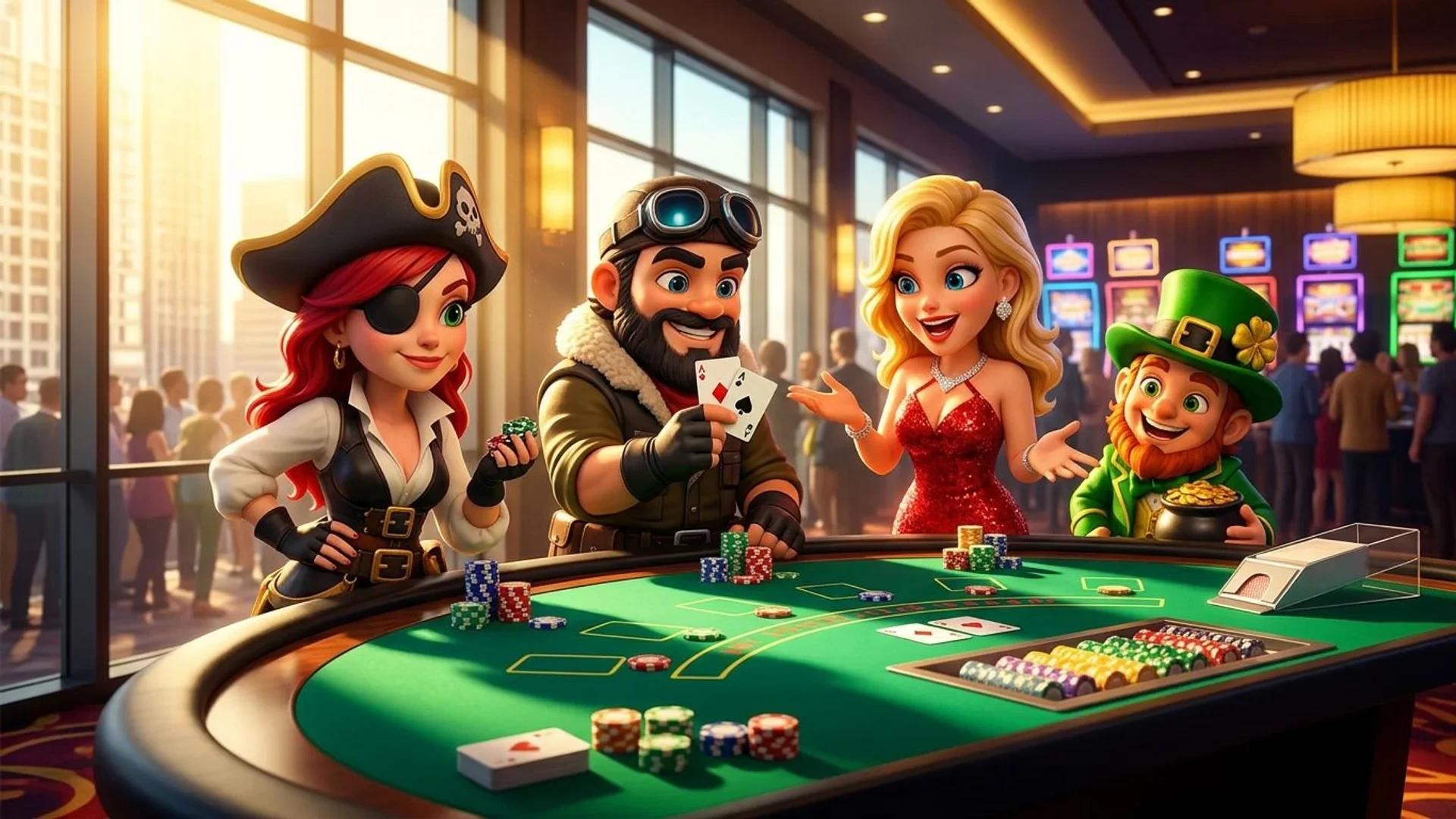 Two NordicSpins mascots engaged around a modern blackjack table in a lively casino.
