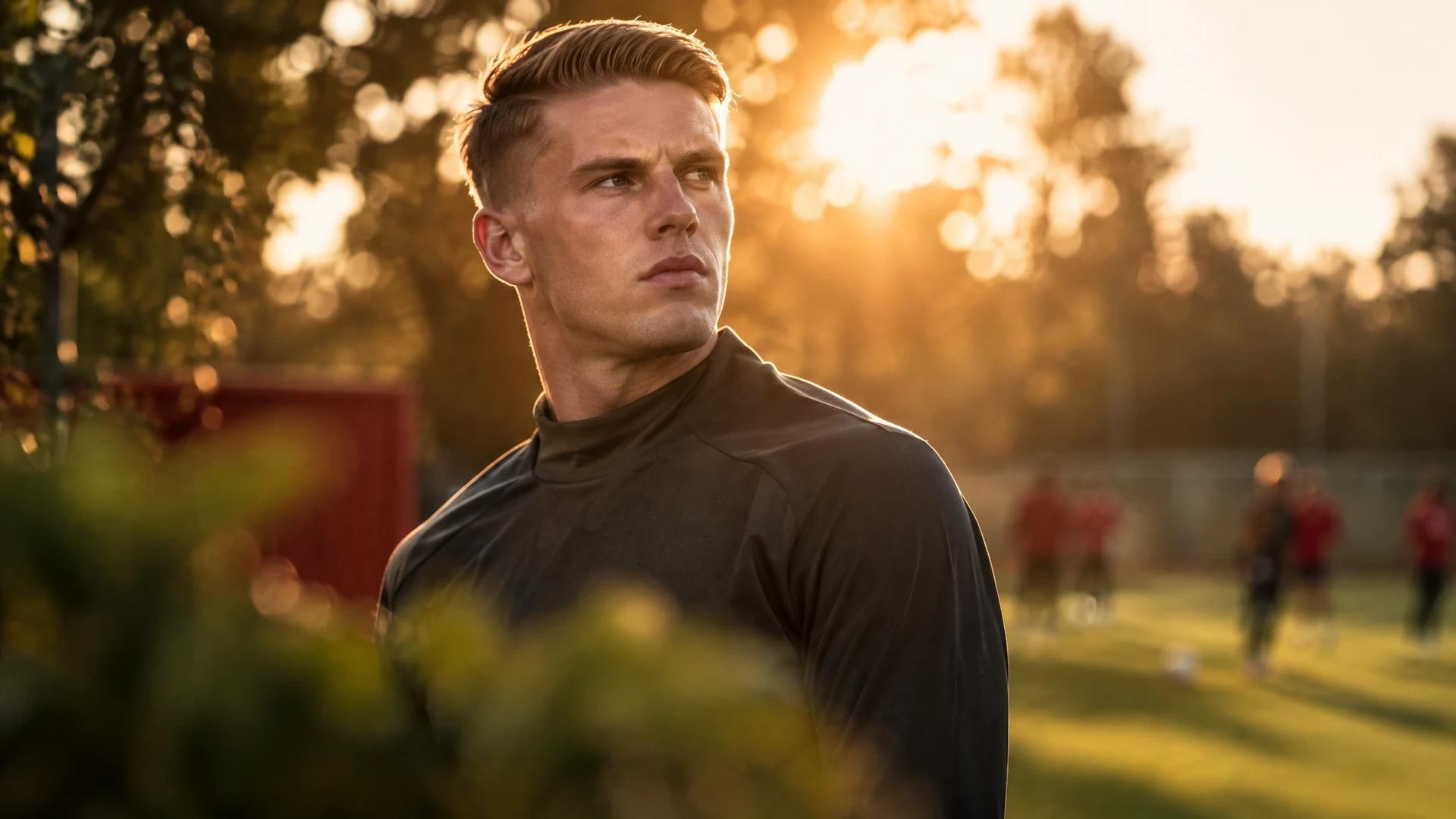 Viktor Gyökeres stands in a serene moment during training, illuminated by sunset light.