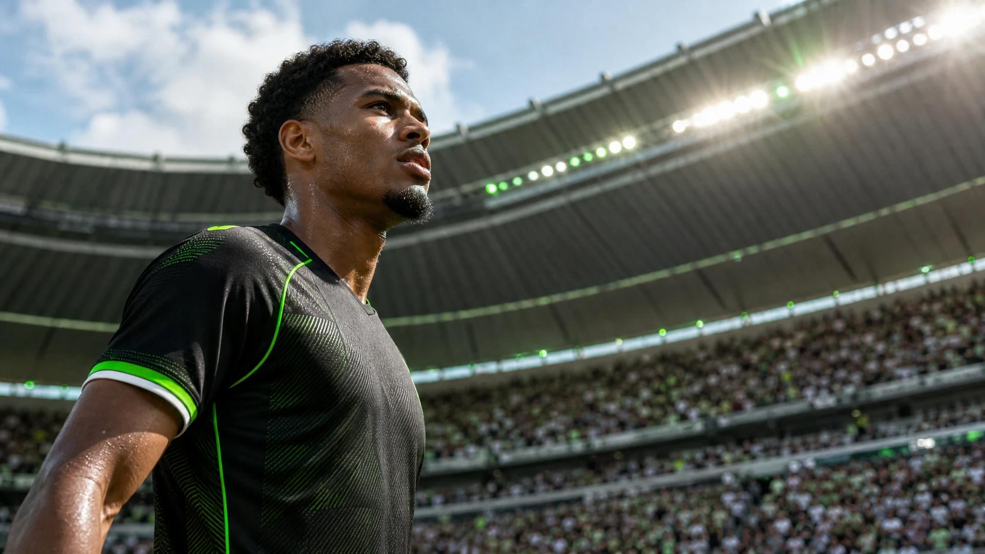 A low-angle shot of Nathaniel Brown standing on the pitch of Bayern Munich's Allianz Arena.