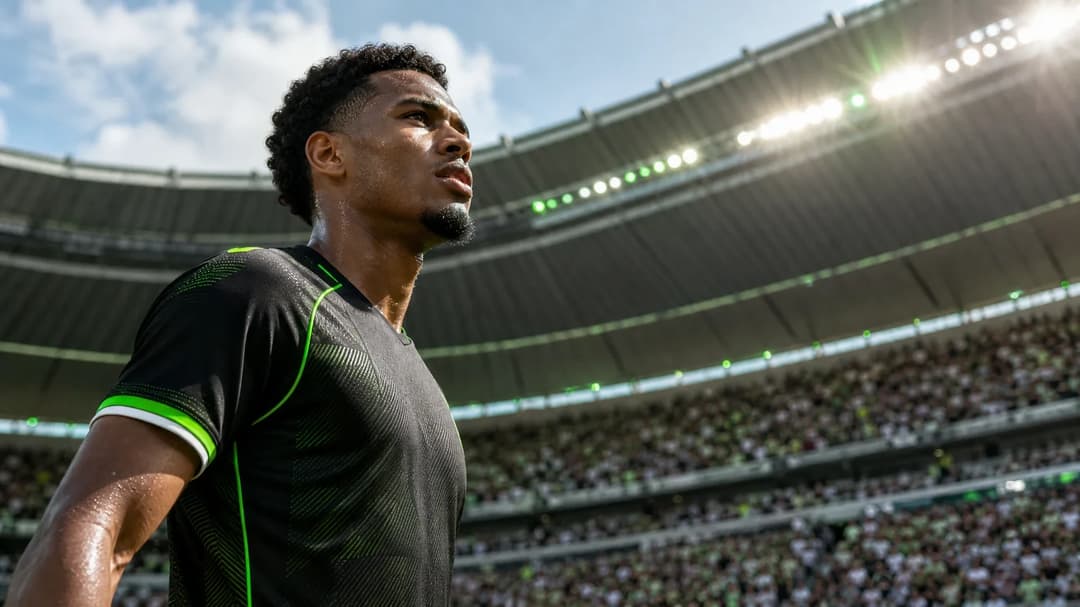 A low-angle shot of Nathaniel Brown standing on the pitch of Bayern Munich's Allianz Arena.