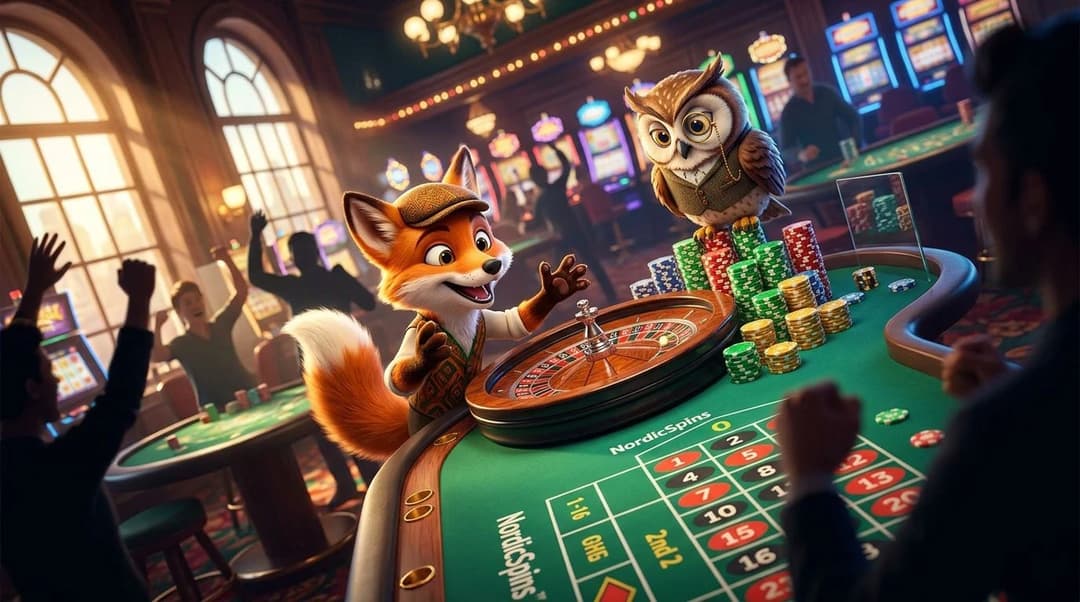 The NordicSpins mascots interact around a roulette table in a bright casino setting.