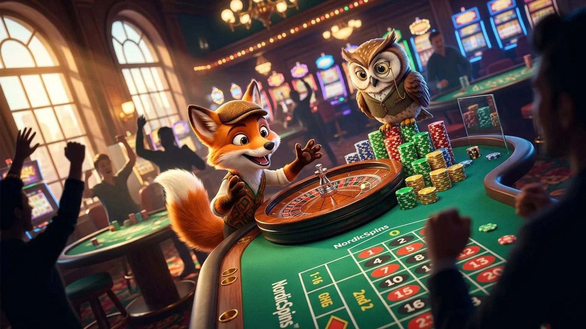 The NordicSpins mascots interact around a roulette table in a bright casino setting.