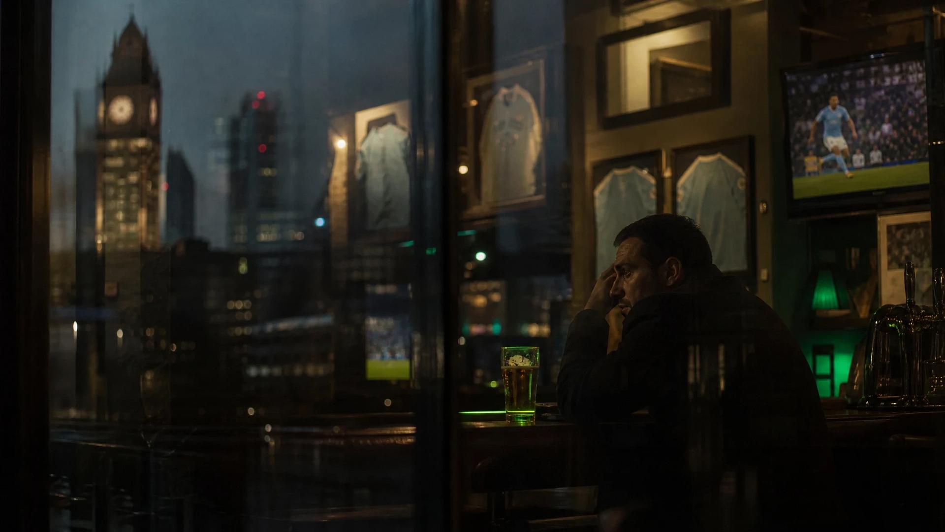 A dimly lit sports bar reflecting the Manchester skyline with a solitary figure watching football highlights.