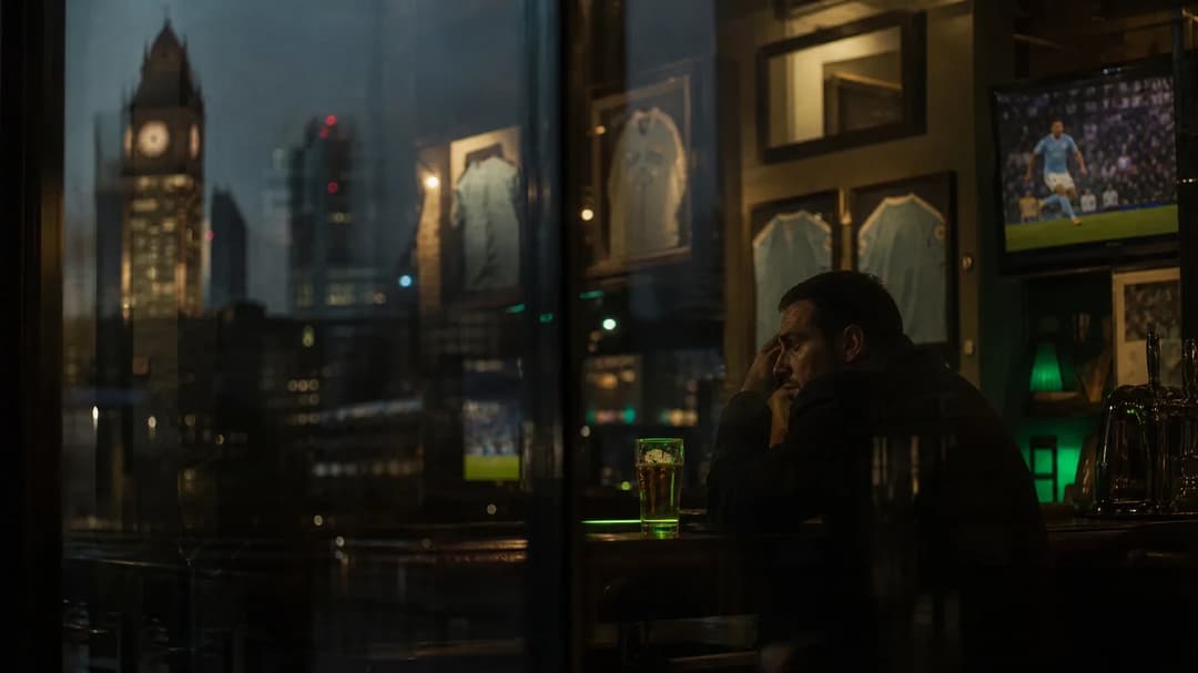 A dimly lit sports bar reflecting the Manchester skyline with a solitary figure watching football highlights.