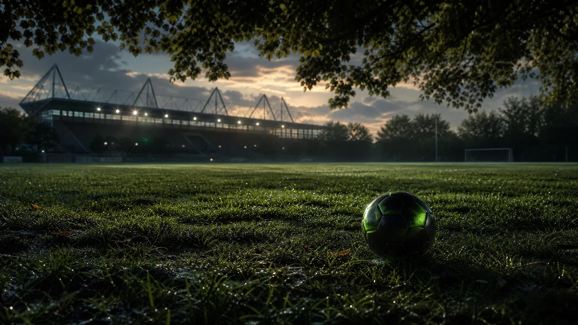 A serene football pitch at twilight with a lone ball resting on the grass, surrounded by dappled light and shadows.