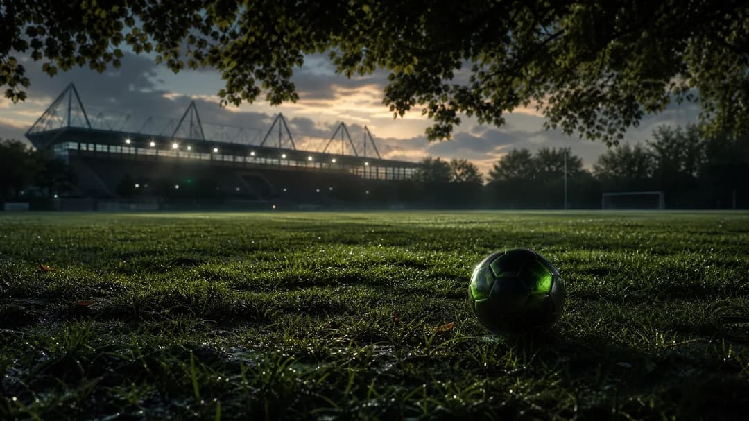 A serene football pitch at twilight with a lone ball resting on the grass, surrounded by dappled light and shadows.
