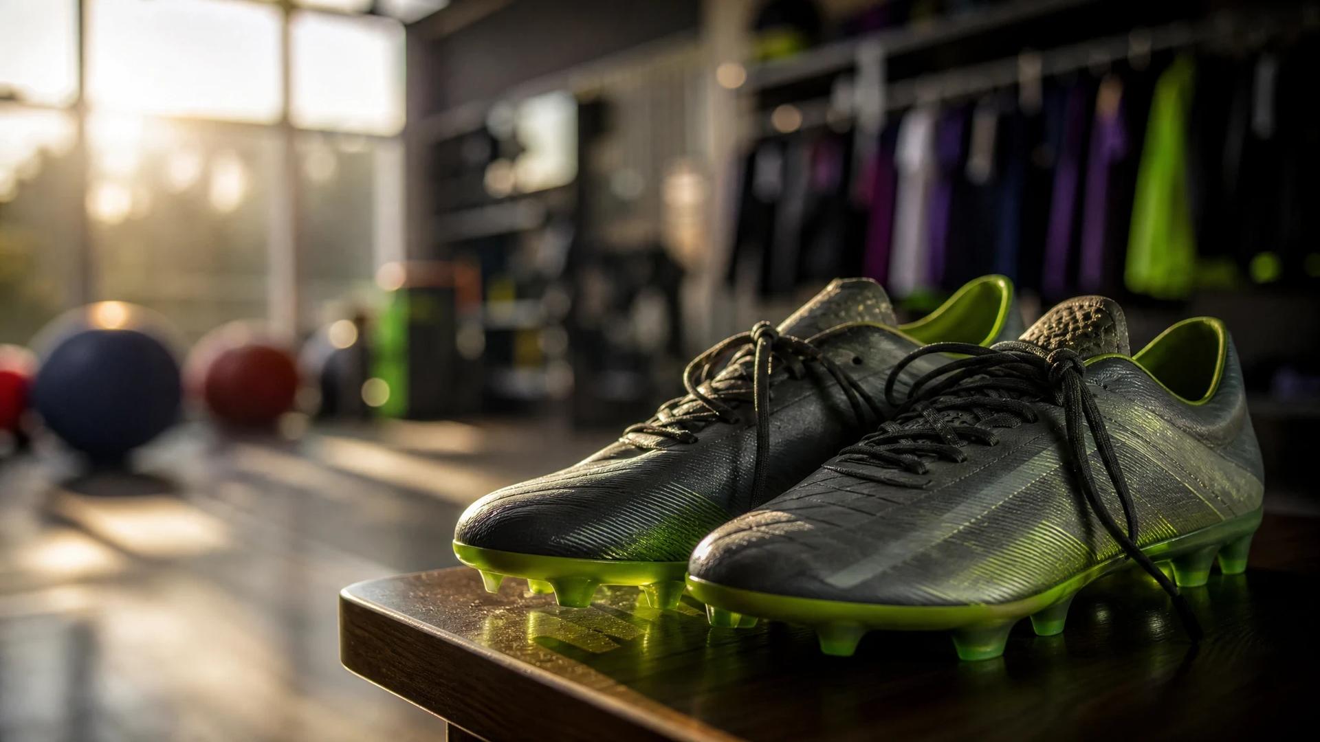 A close-up of Raphinha's football boots resting on a wooden surface in a training room, with soft sunlight illuminating the area.