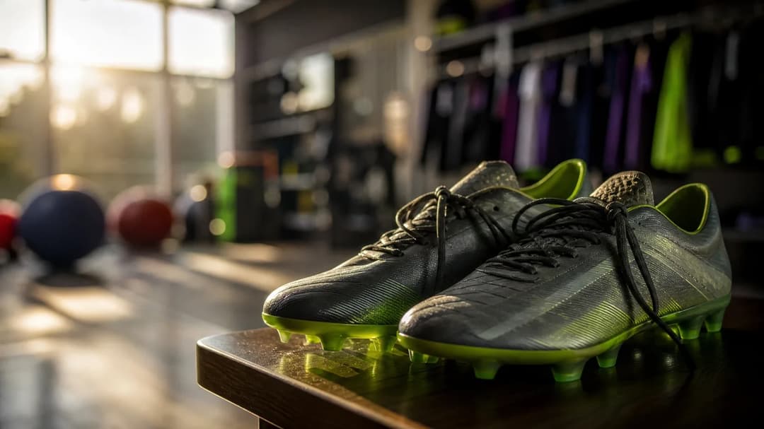 A close-up of Raphinha's football boots resting on a wooden surface in a training room, with soft sunlight illuminating the area.