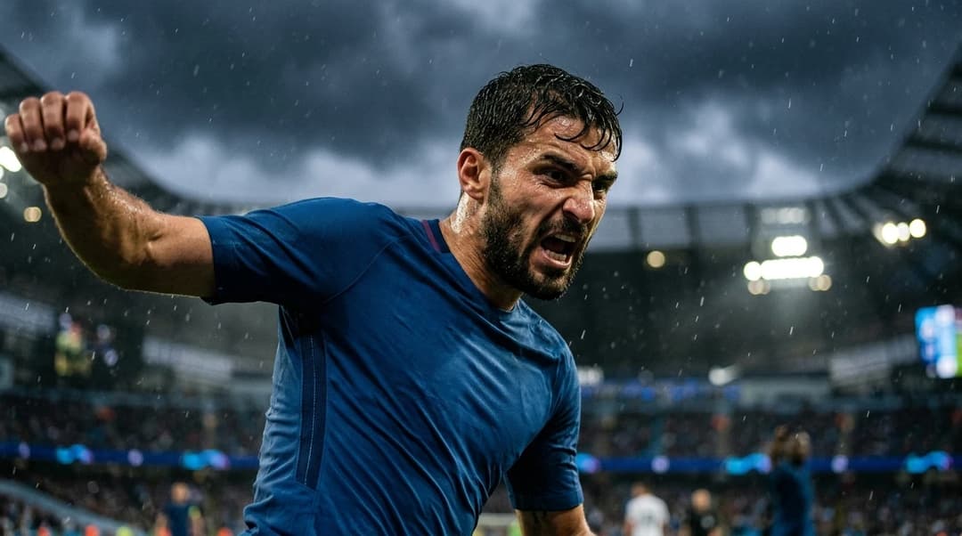 Close-up of a Manchester City player in action, with a stormy background.