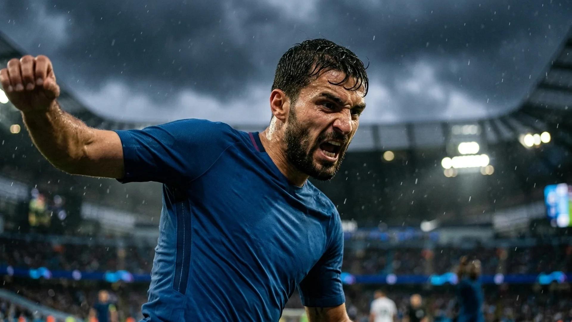 Close-up of a Manchester City player in action, with a stormy background.