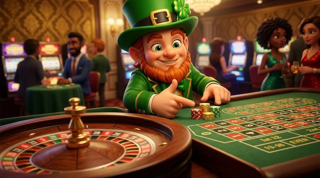 A NordicSpins mascot at a roulette table in a casino, interacting in an engaging manner.