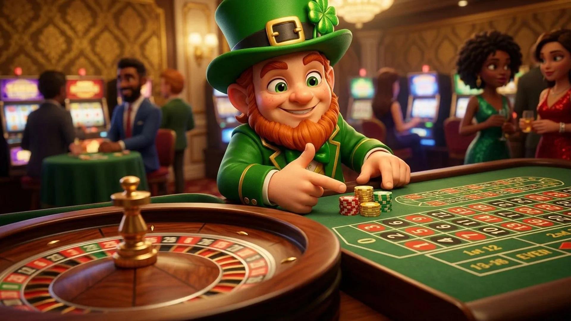 A NordicSpins mascot at a roulette table in a casino, interacting in an engaging manner.