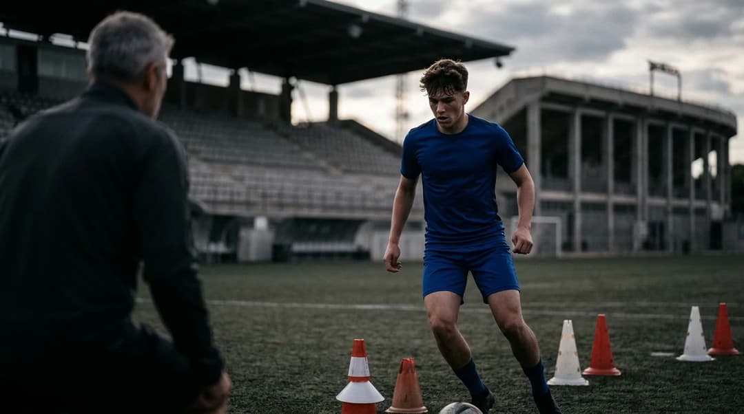 JJ Gabriel training at a football stadium, focusing intently on his drills.