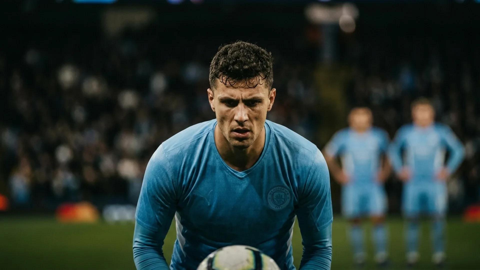 A focused football player preparing to take a free kick in a match.