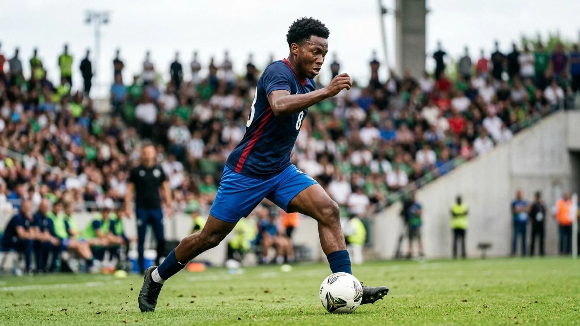 Close-up shot of Owen Emeka, a young football player, dribbling the ball with focus on the pitch.