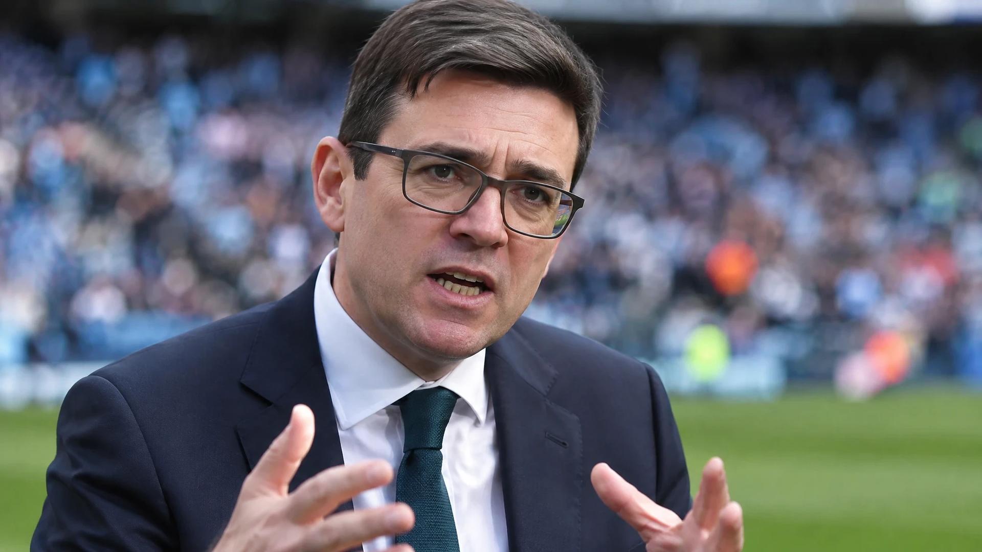 Close-up of British Prime Minister Andy Burnham gesturing during a press event.