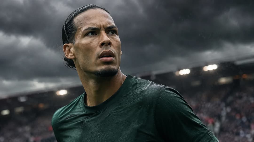 Virgil Van Dijk in close-up on a football pitch under dramatic stormy skies.