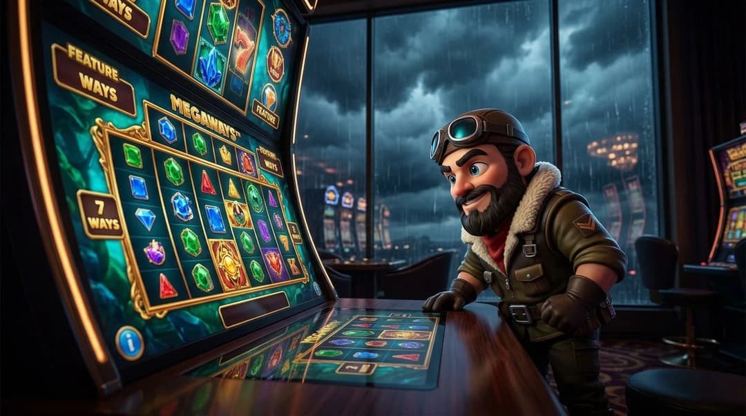 A NordicSpins mascot interacting with a Megaways slot machine in a dimly lit casino.
