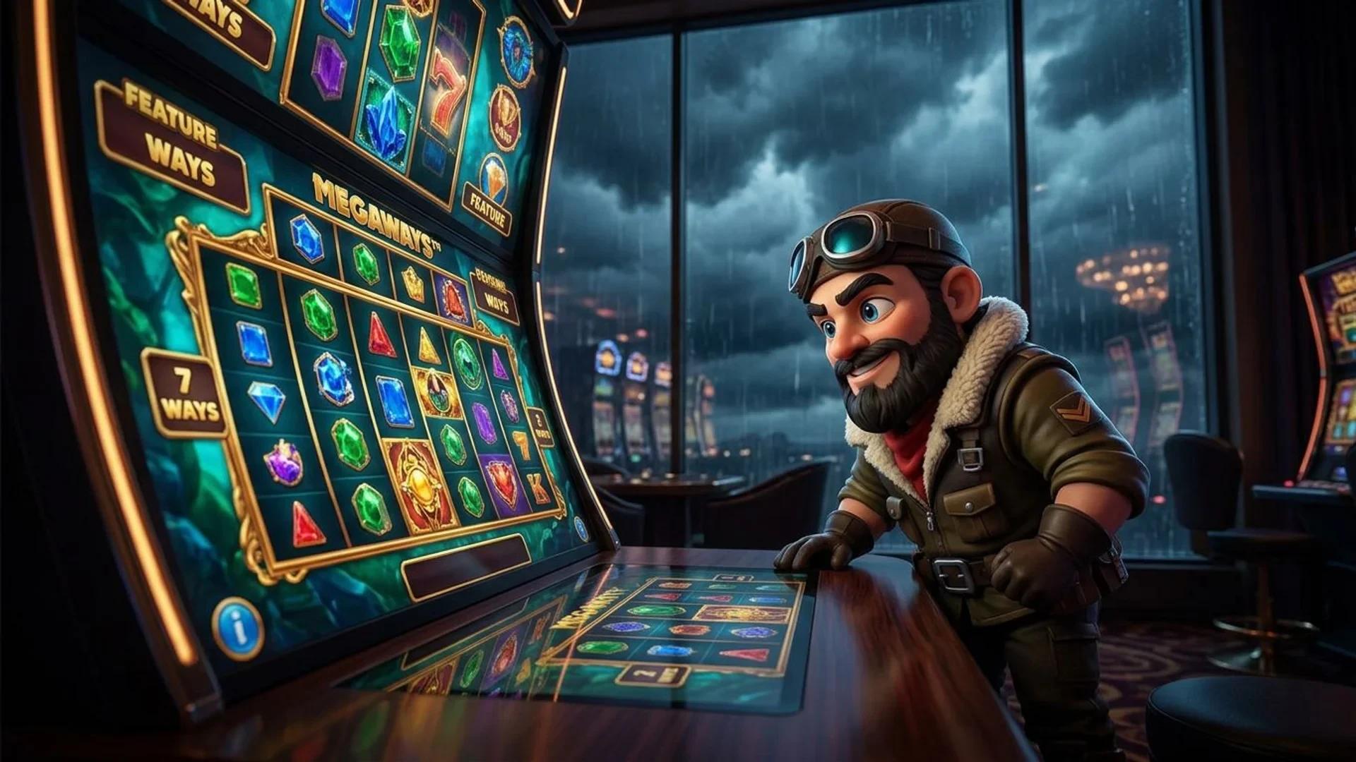 A NordicSpins mascot interacting with a Megaways slot machine in a dimly lit casino.