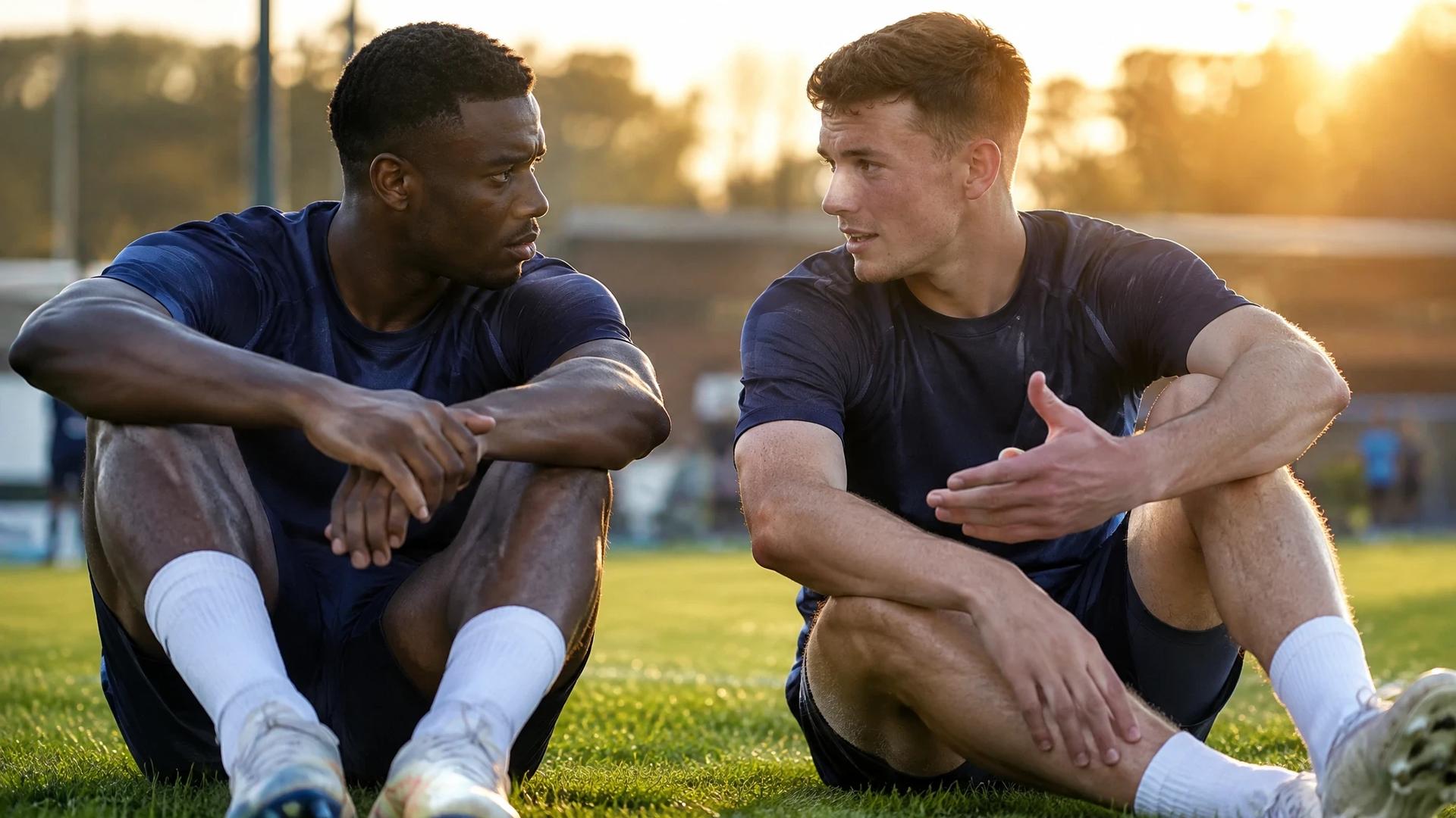 To fotballspillere diskuterer intens i et solfylt treningsmiljø.