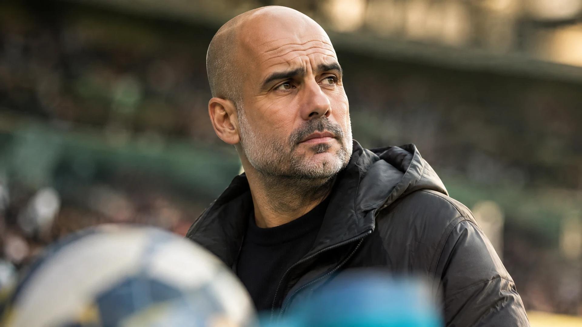 Pep Guardiola stands thoughtfully with a blurred stadium background.