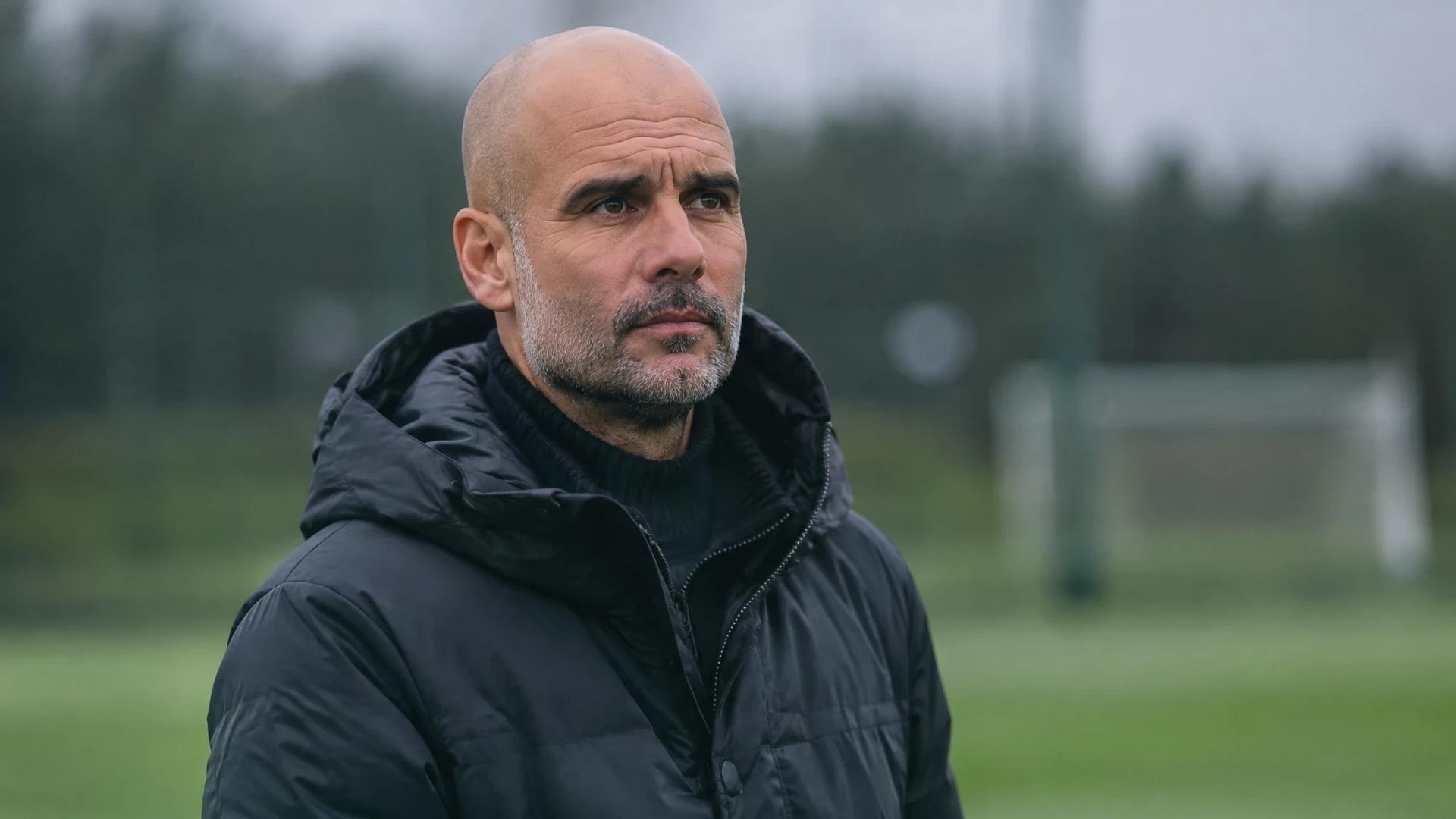 Portrett av Pep Guardiola, med fokus på ansiktets intensitet i et treningsmiljø.