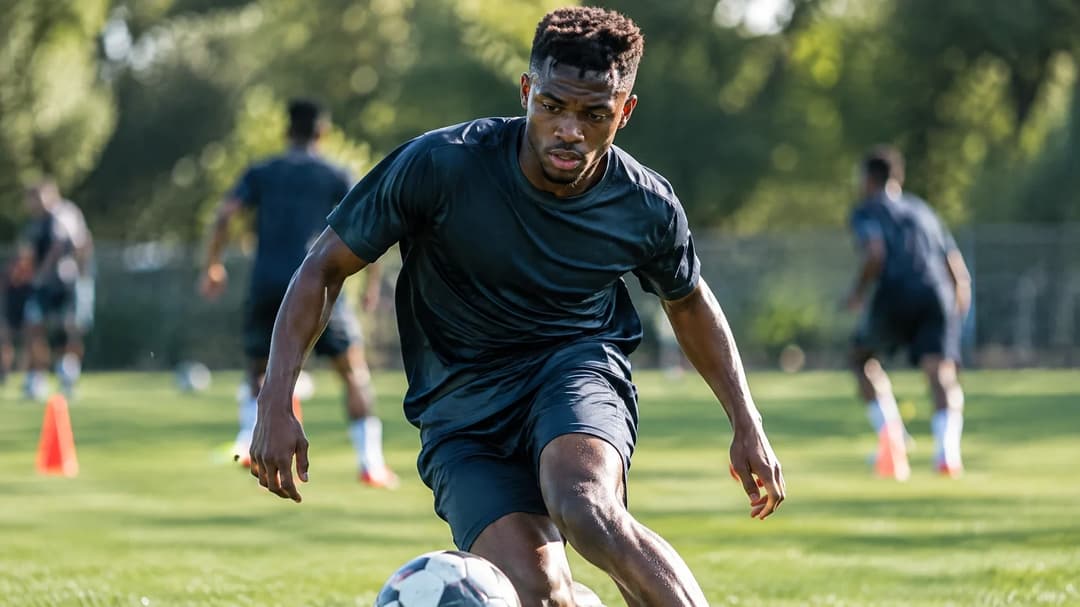 Mario Dorgeles training with a soccer ball in a lush green field.