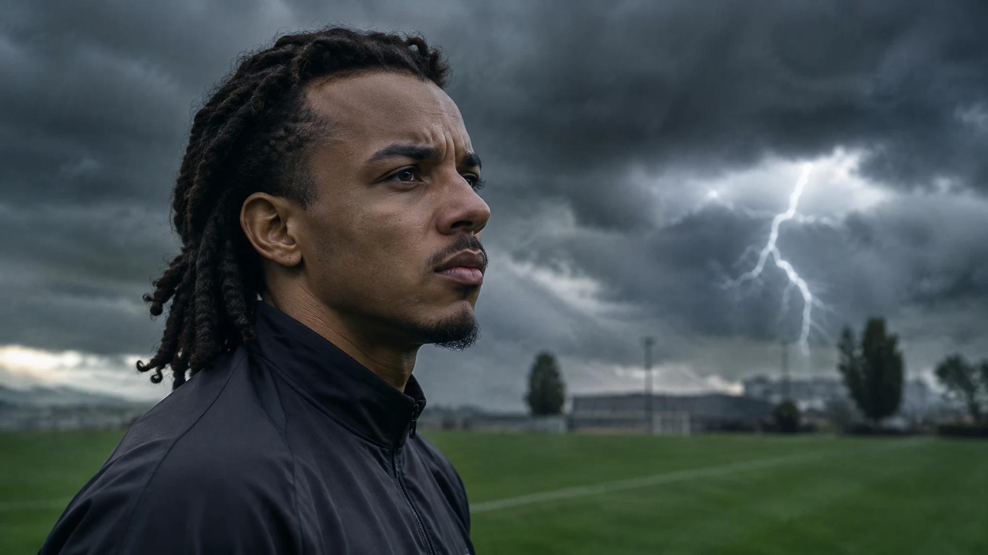 Jules Kounde stands contemplatively on a football pitch under a stormy sky.