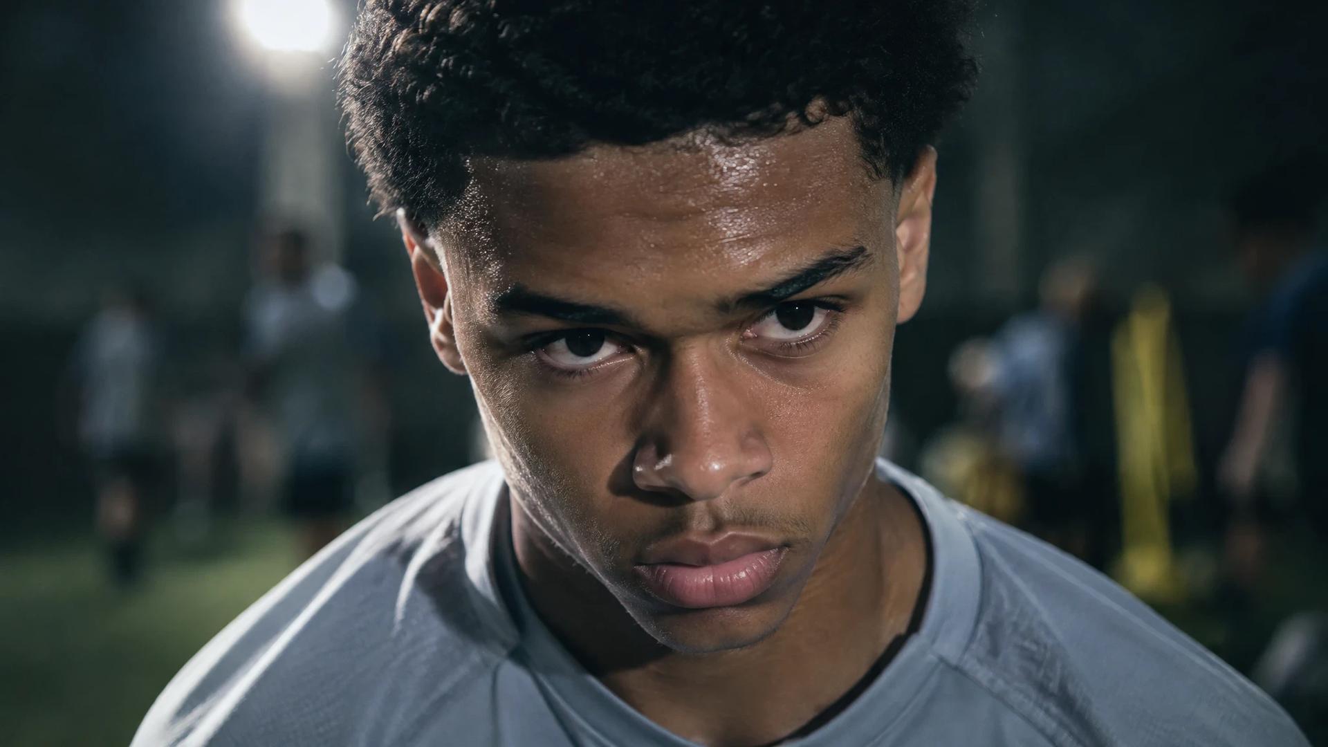 A close-up of JJ Gabriel, a young football talent, expressing determination in a training setting.