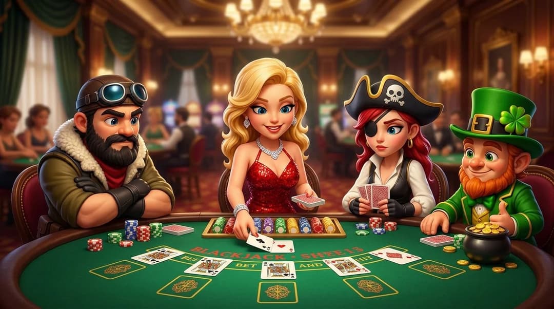 NordicSpins mascots interacting at a casino blackjack table.