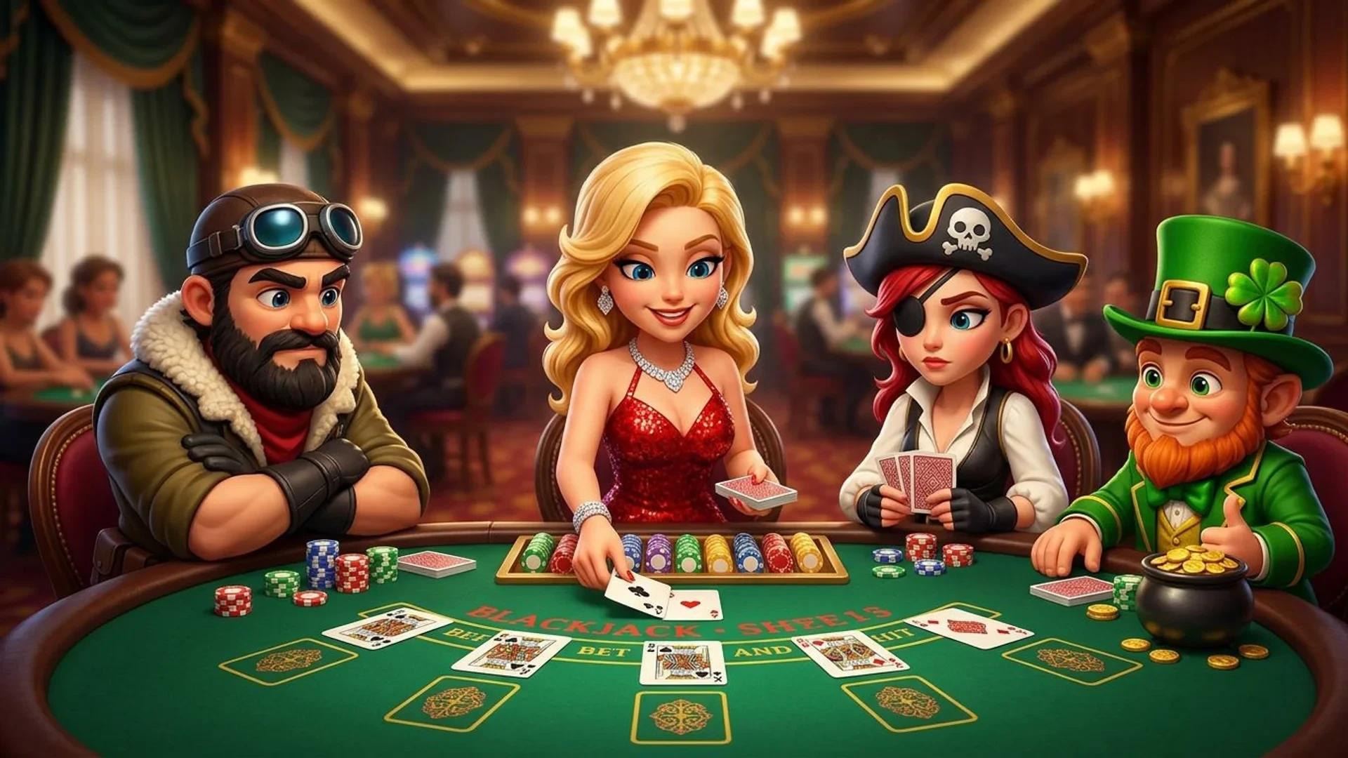NordicSpins mascots interacting at a casino blackjack table.