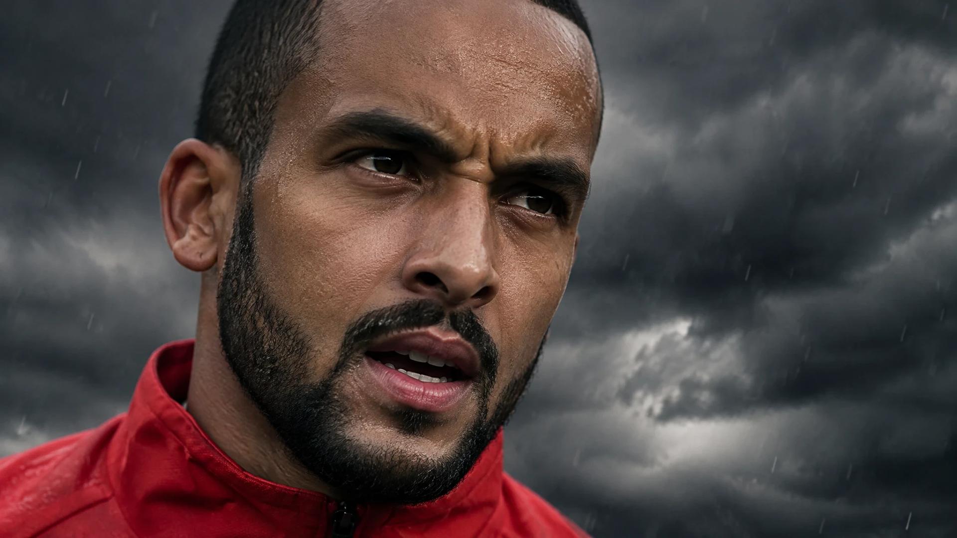 Extreme close-up of Theo Walcott with a dramatic expression against a stormy backdrop.