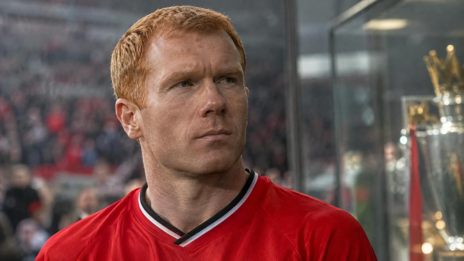 Paul Scholes at a stadium, looking contemplative during a discussion about Premier League medals.