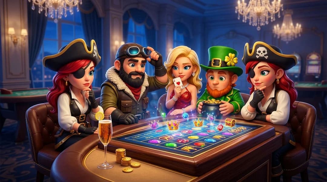 NordicSpins mascots are seated at an online slot machine in a luxurious casino environment during blue hour.
