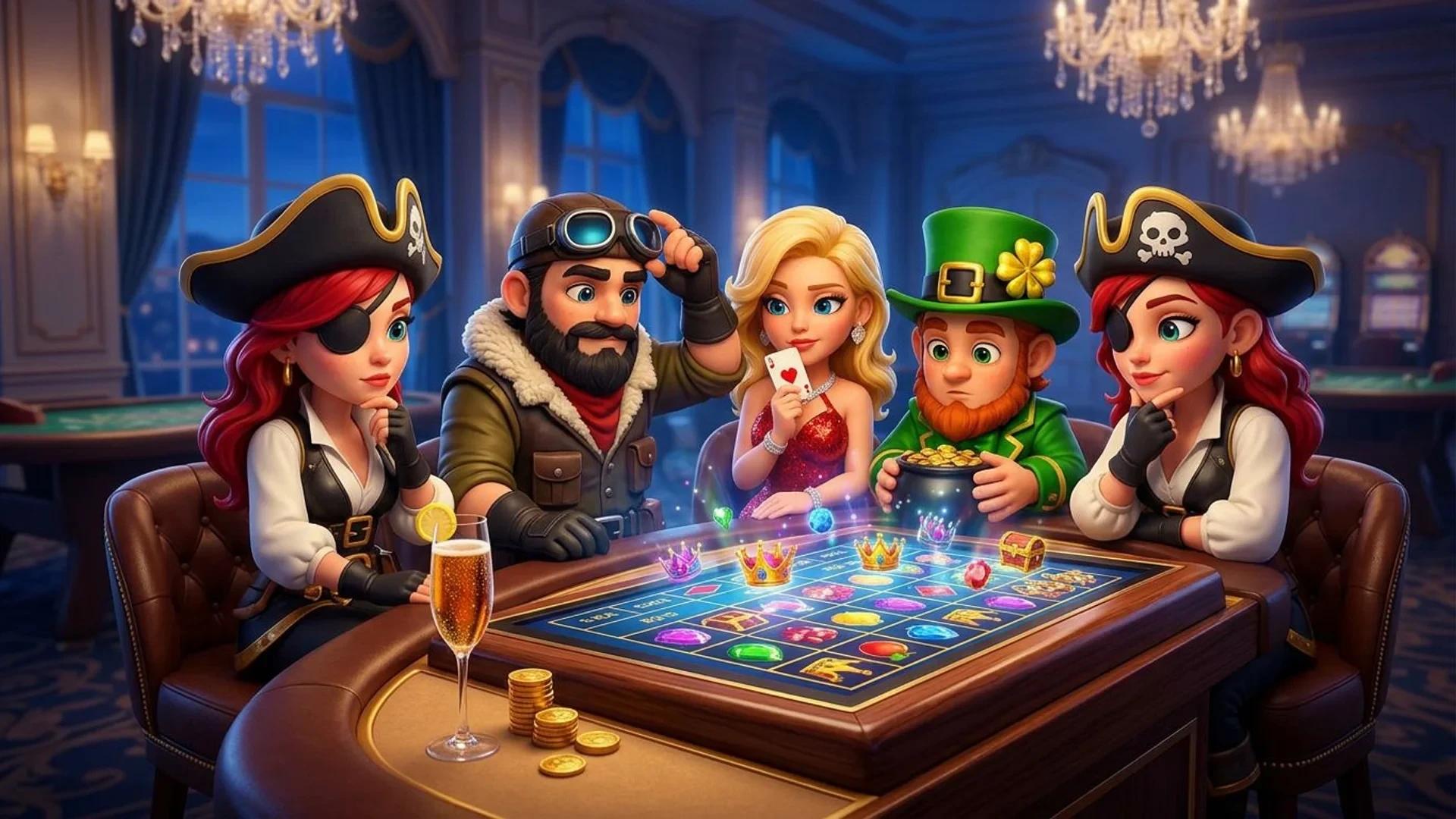 NordicSpins mascots are seated at an online slot machine in a luxurious casino environment during blue hour.