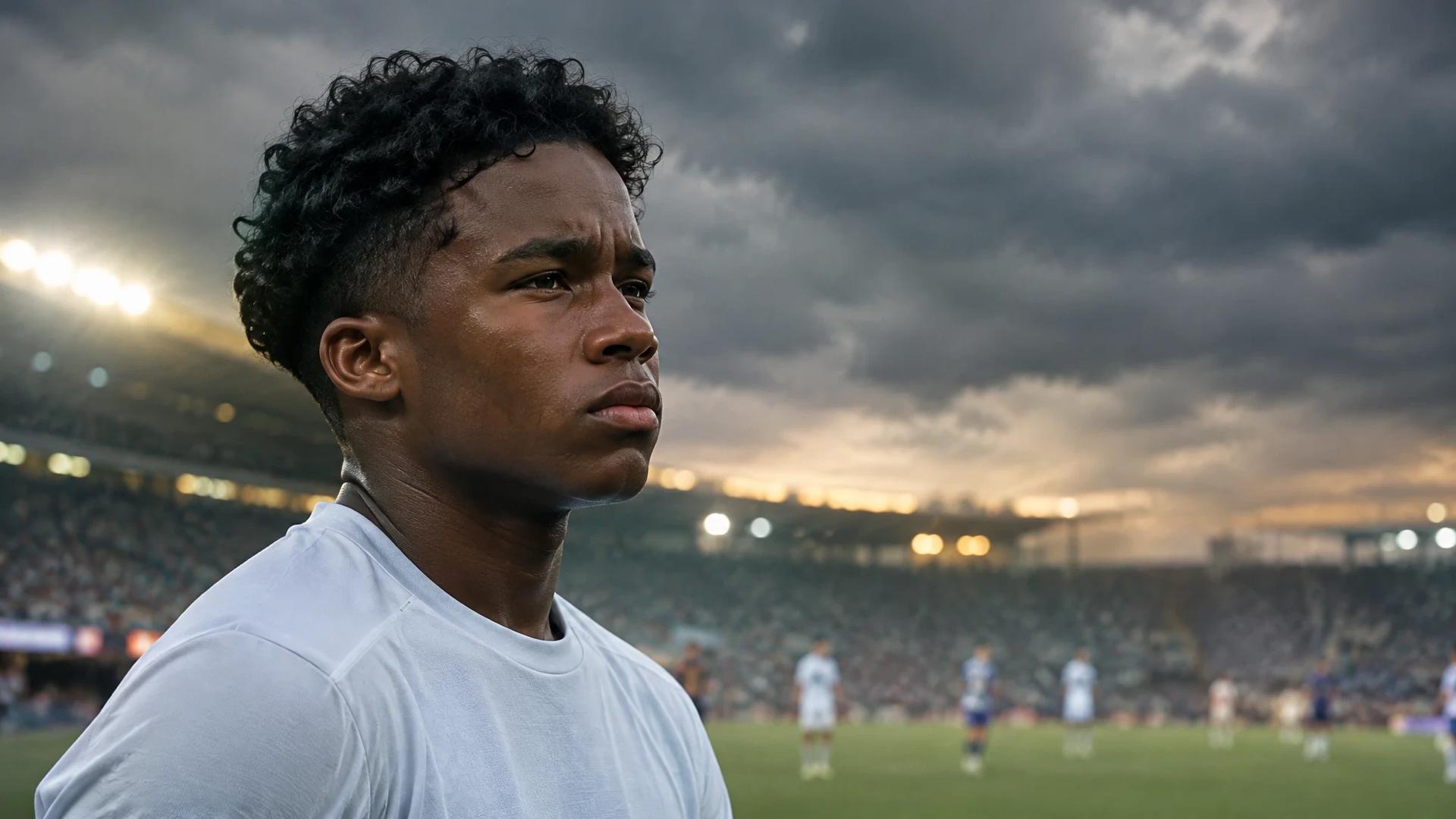 En nærbilde av Endrick, en ung brasiliansk fotballspiller, som står på sidelinjen under en kamp.