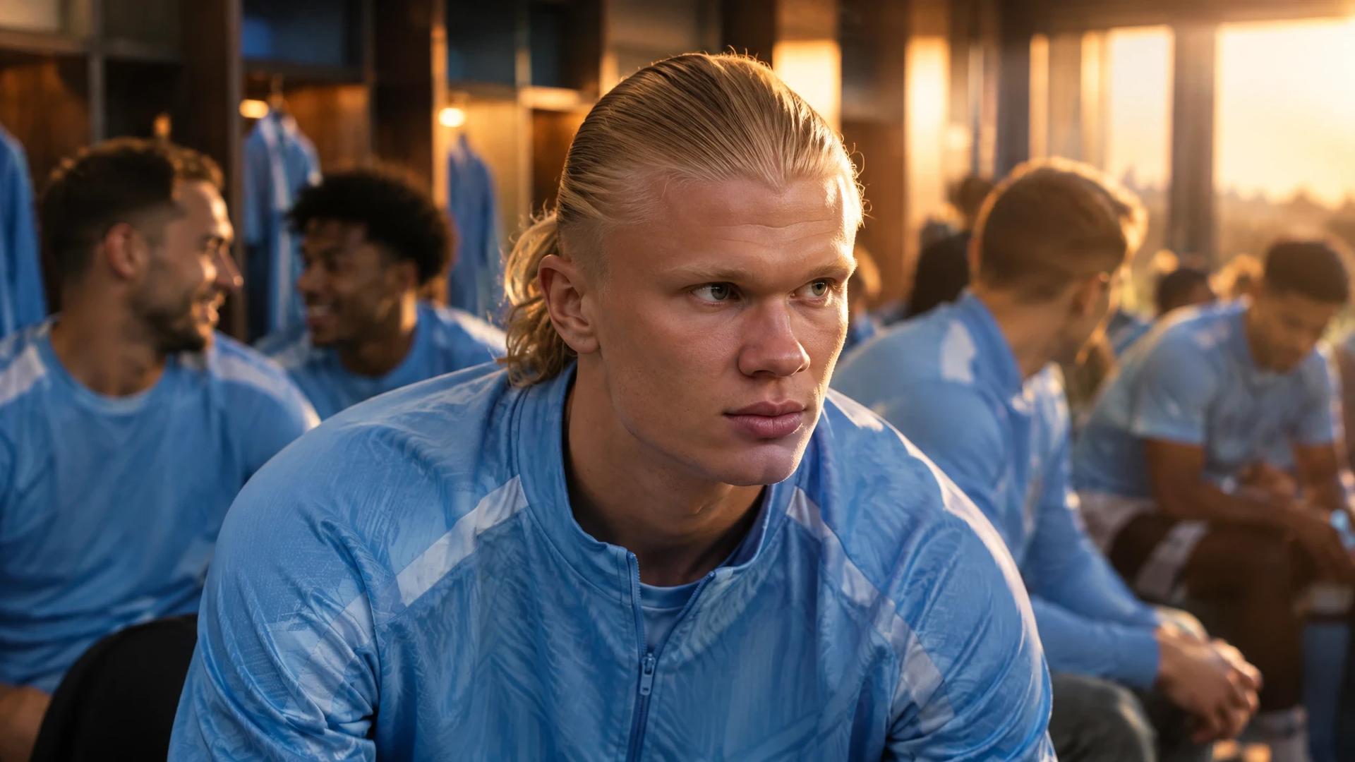 Manchester City players are preparing for a match, with Erling Haaland in focus showing determination.