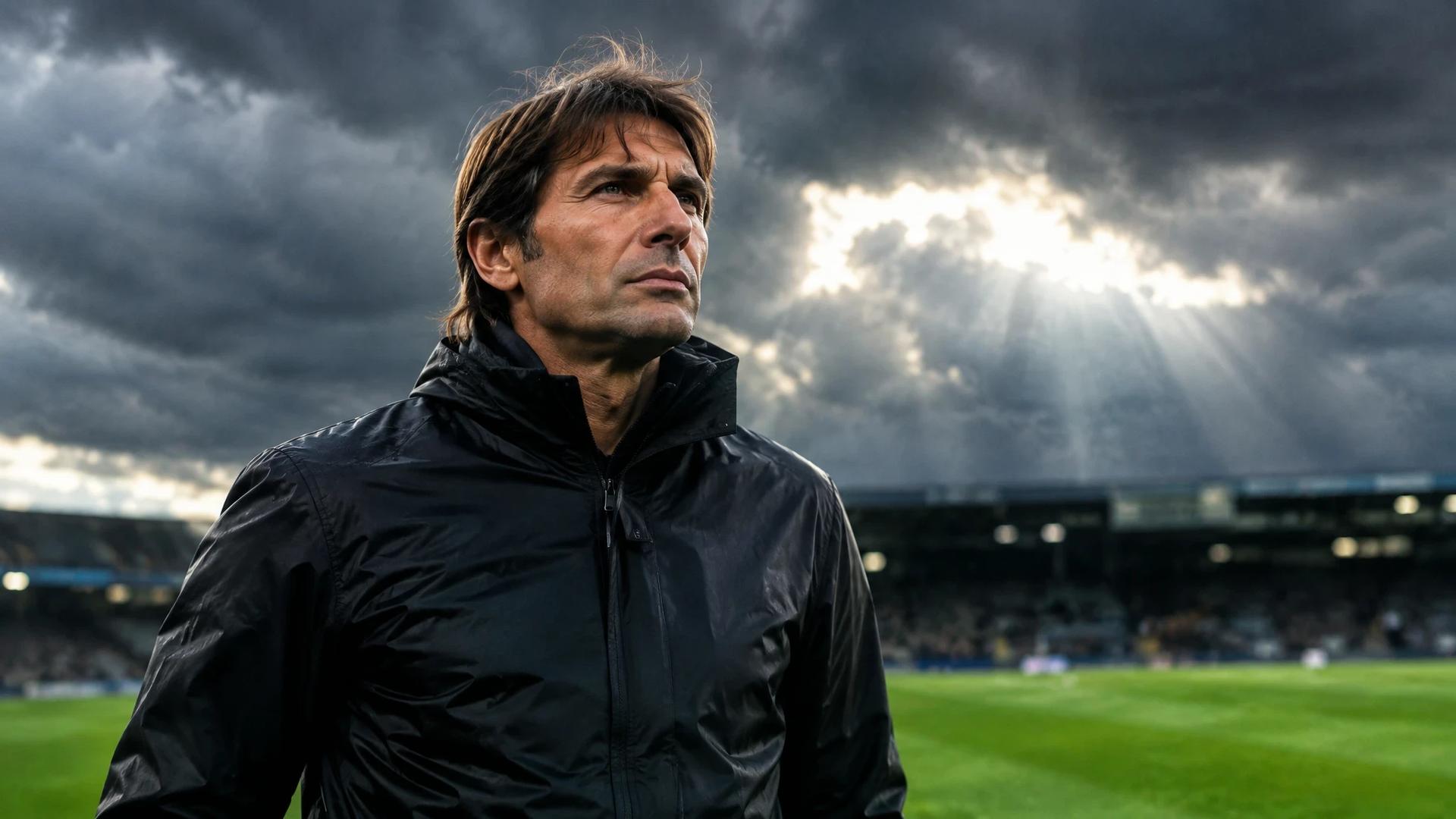 Antonio Conte on the football pitch, looking determined against a stormy sky.