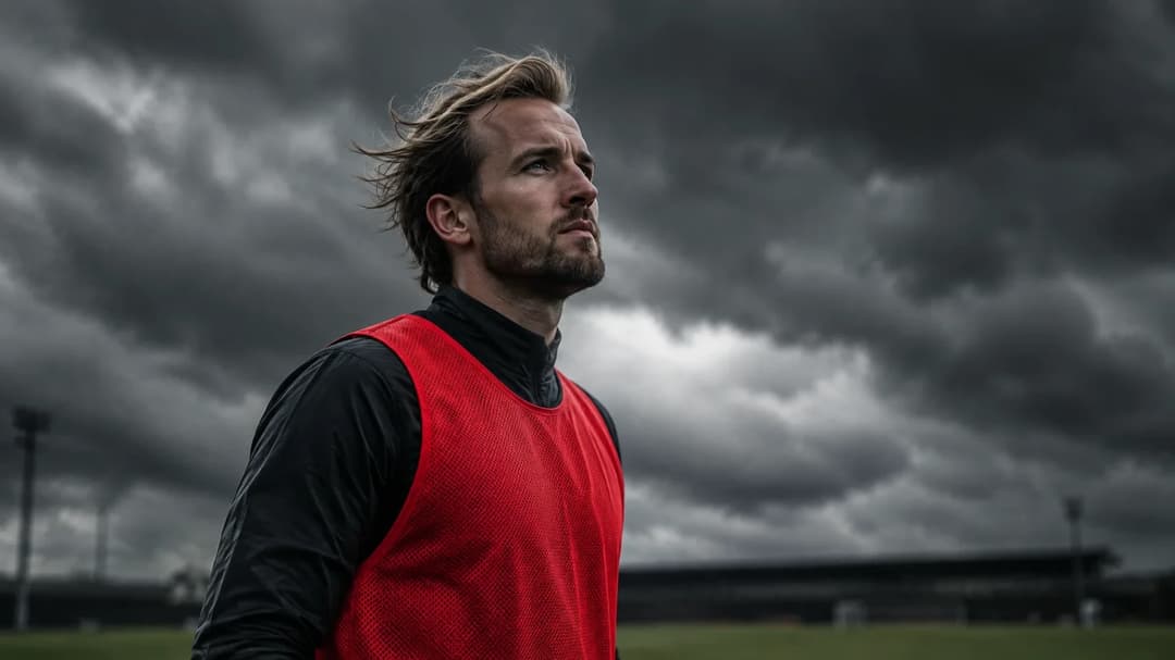 Harry Kane stands alone on a football field wearing a red training bib under a stormy sky.