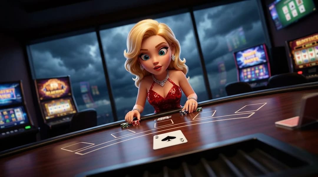 A NordicSpins mascot engaging with a virtual blackjack table.
