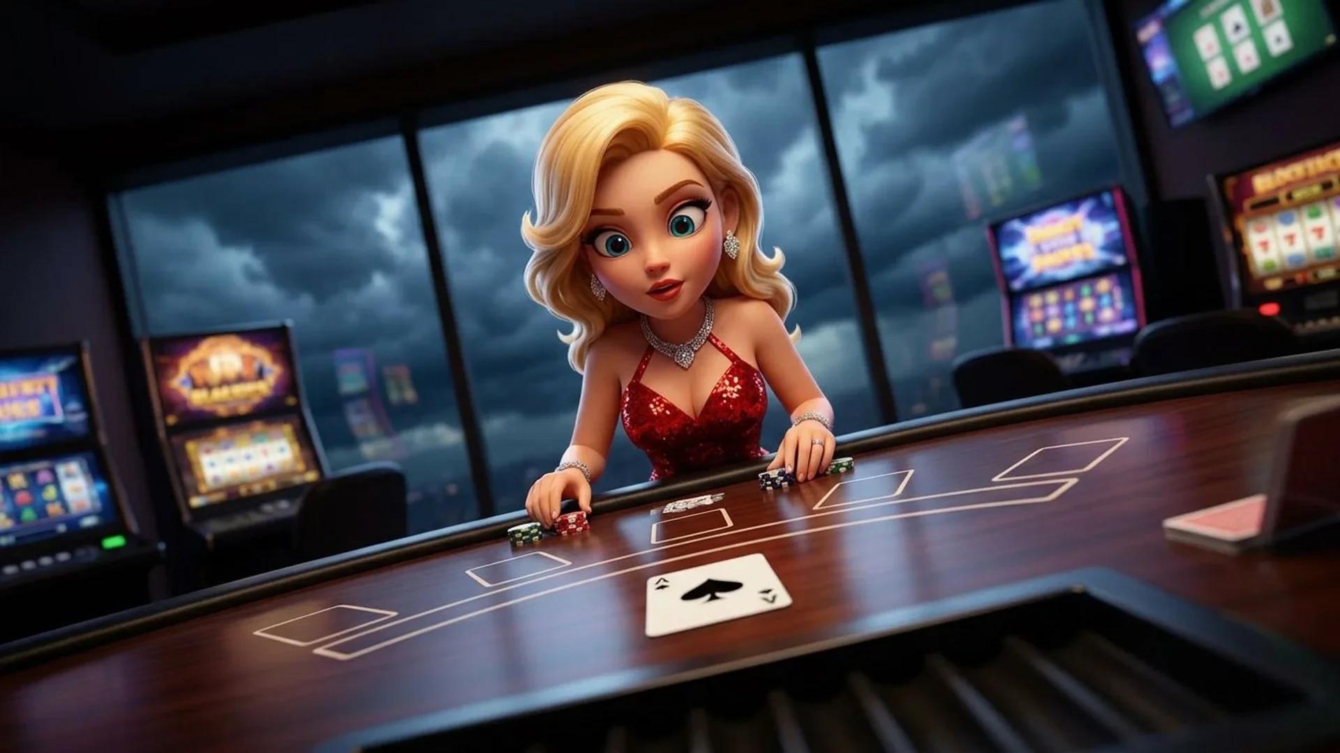 A NordicSpins mascot engaging with a virtual blackjack table.