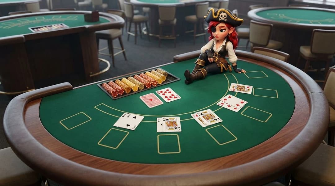 A bird's-eye view of a calm casino table game with a mascot observing the setup.