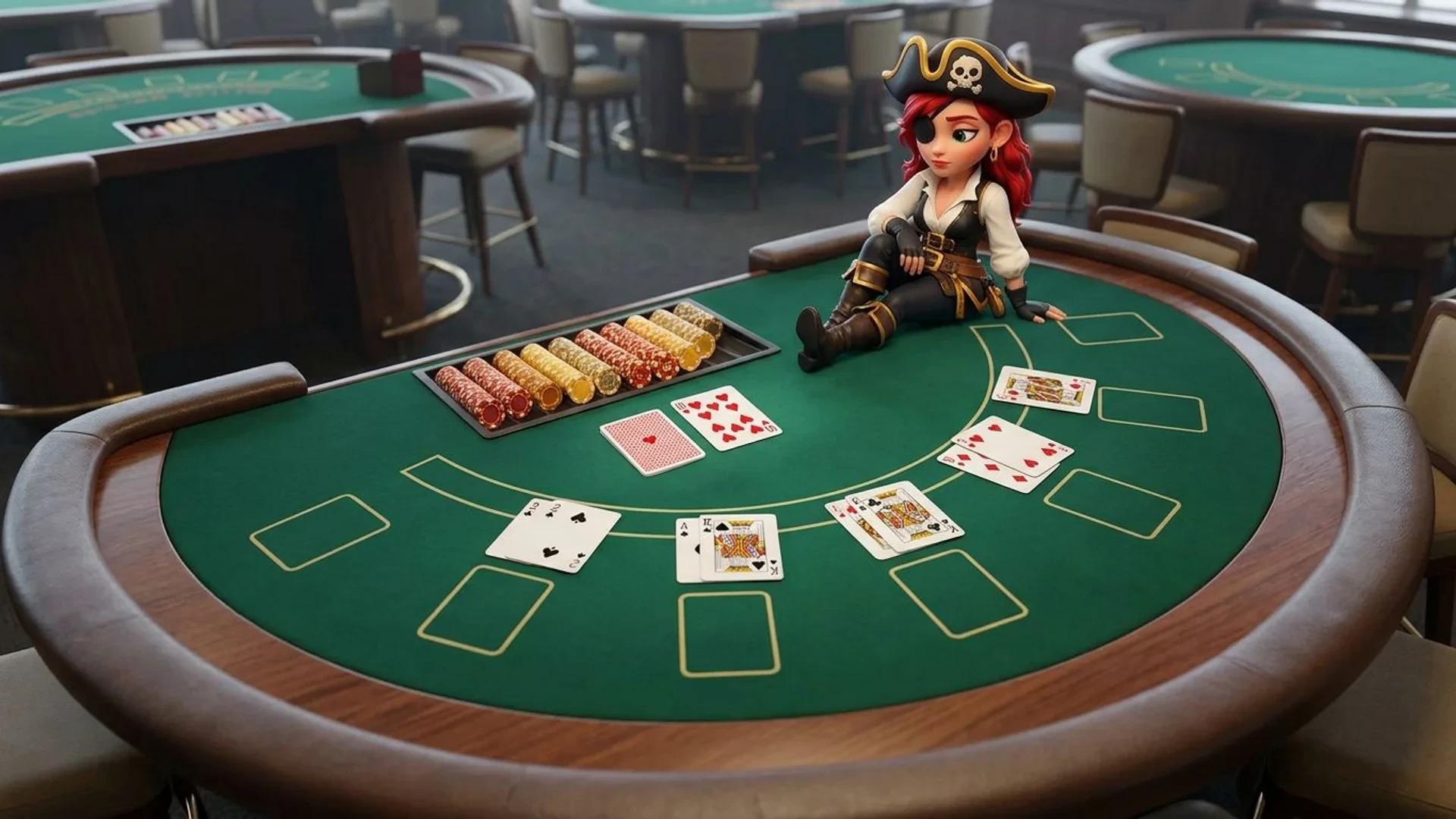 A bird's-eye view of a calm casino table game with a mascot observing the setup.