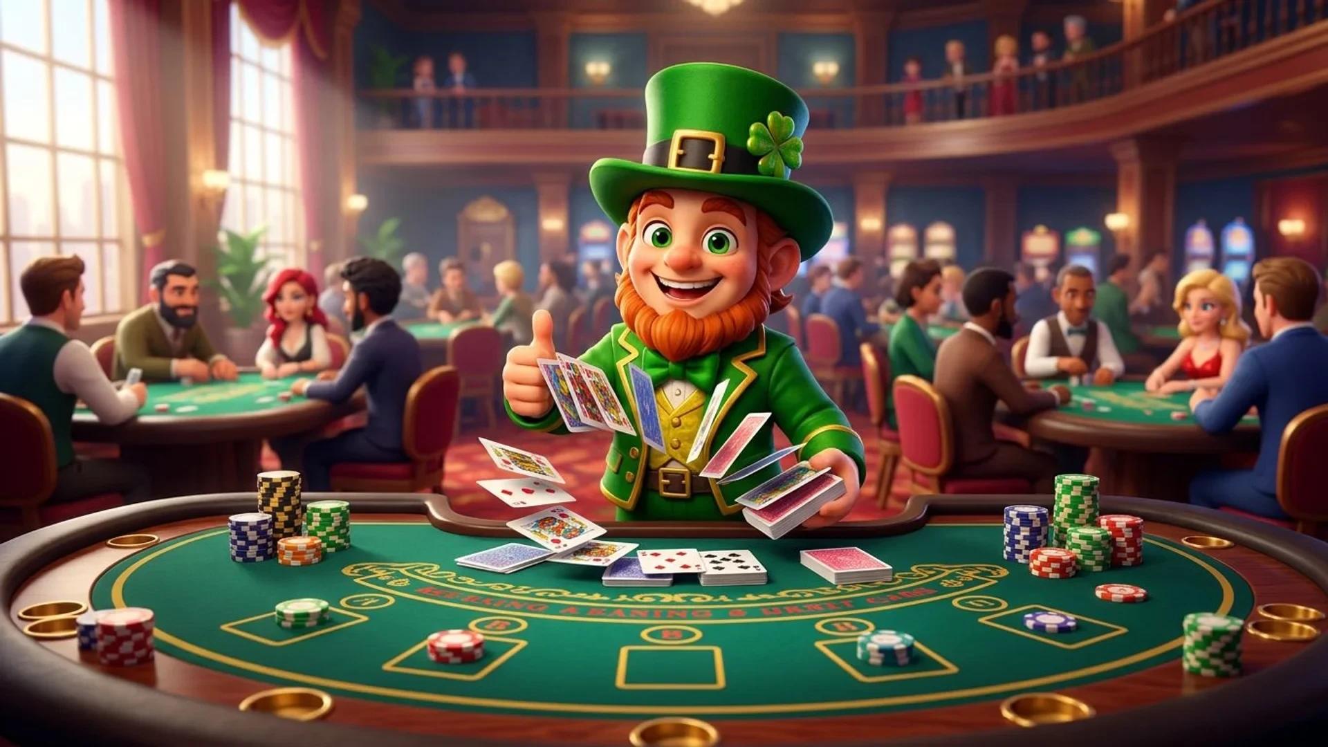A NordicSpins mascot engaging with a casino card game table, surrounded by gaming elements.
