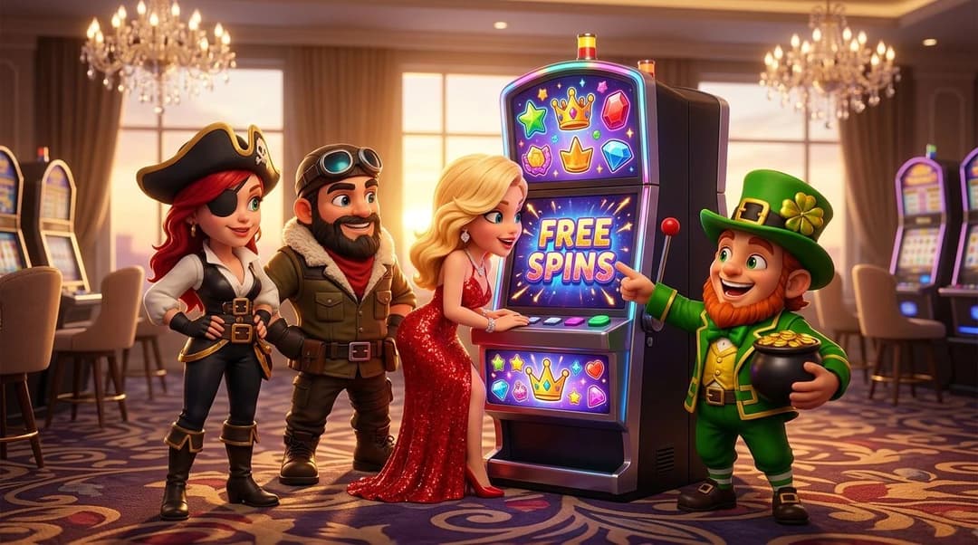 Two NordicSpins mascots engaging with a slot machine during golden hour.
