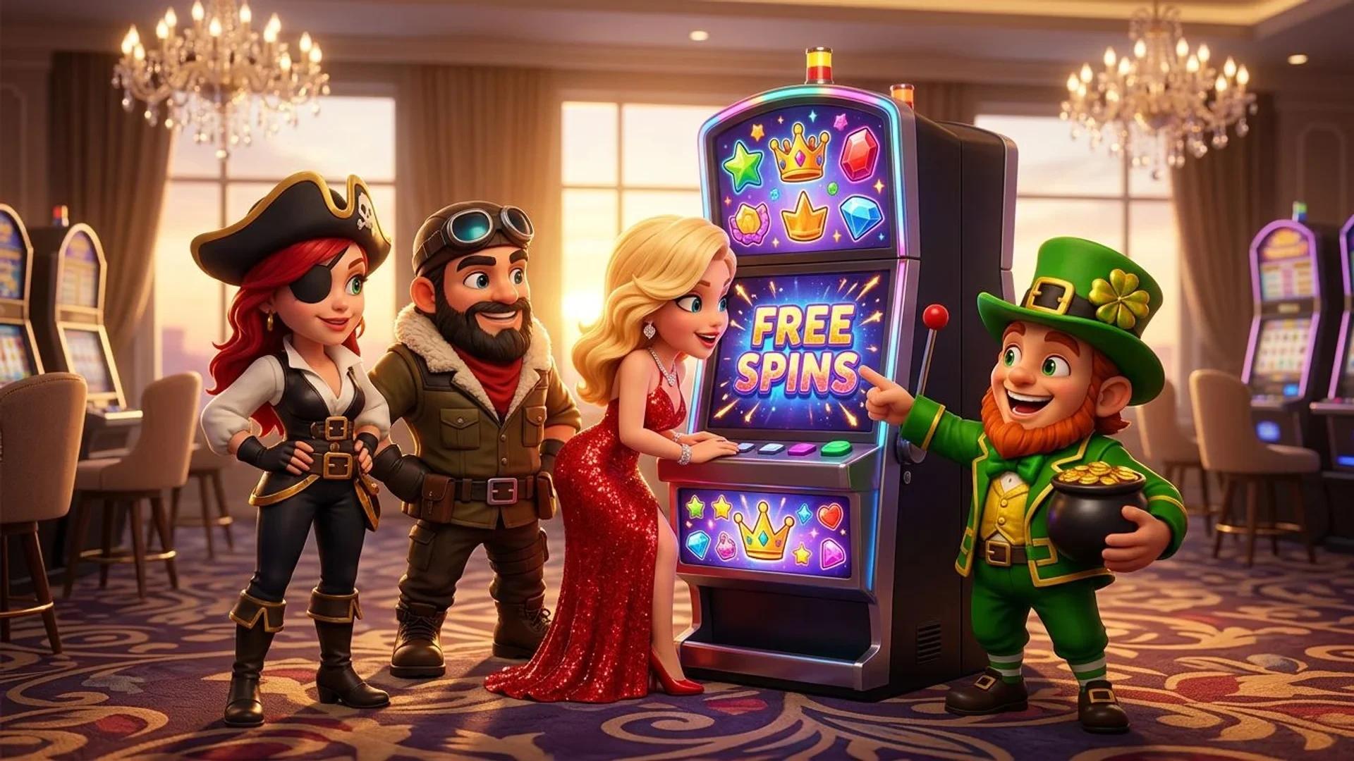 Two NordicSpins mascots engaging with a slot machine during golden hour.