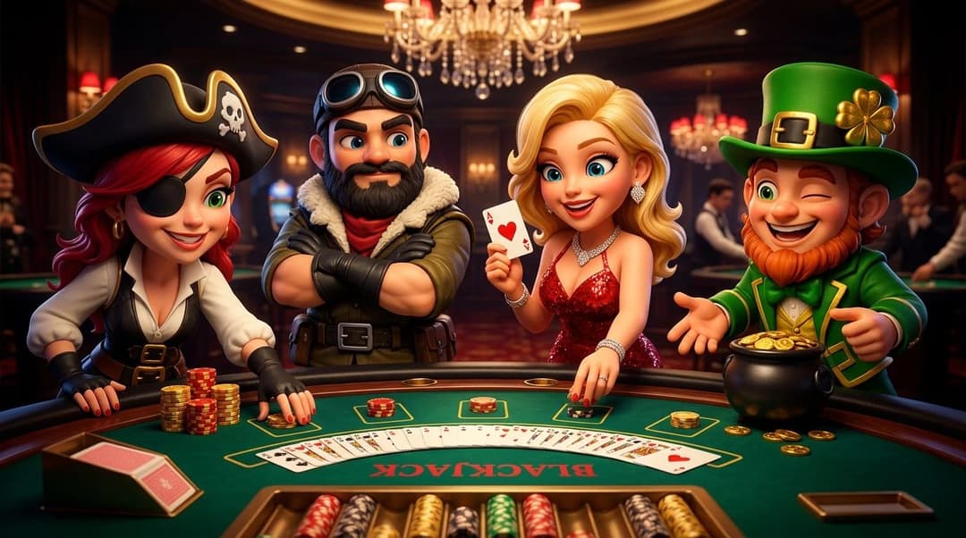 A NordicSpins mascot at a blackjack table, engaging players with a mischievous grin.