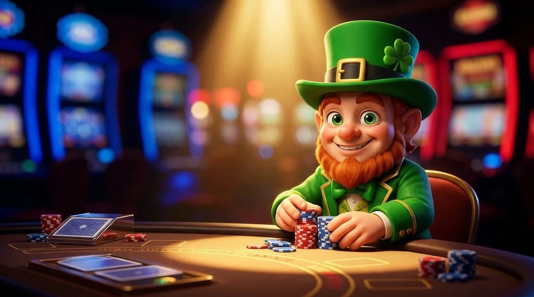 A vibrant mascot sitting at a poker table with chips and cards in a casino setting.